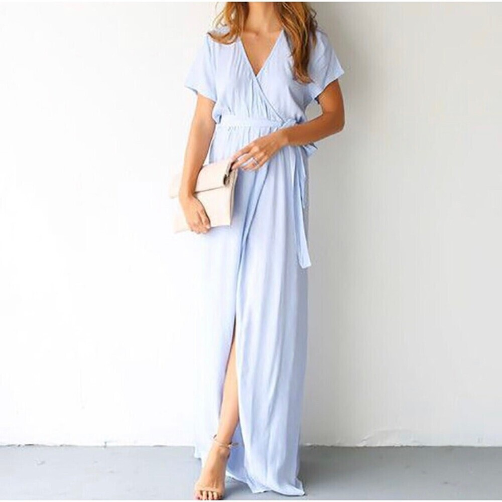 Nasty Gal wrap dress maxi pale blue waist tie lightweight short sleeve gauze SM